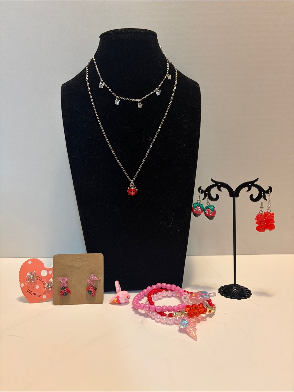 Pink & Red Beaded Jewelry Set - Necklace, Earrings, Bracelets
